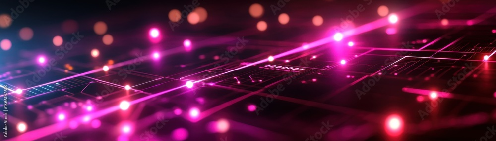 Poster Dynamic Abstract Background with Glowing Pink and Purple Light Streaks and Circuit Board Pattern High Technology Feel for Modern Digital Age Concept