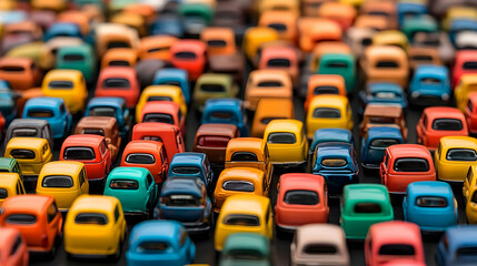 Fototapeta premium Collection Of Miniature Colorful Toy Cars Displayed In Rows On Black Surface