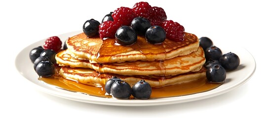 Delicious pancakes topped with berries and syrup, shown against a pristine white background, captured in high-definition detail.