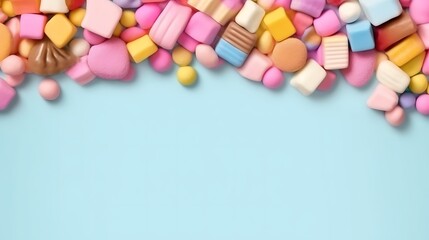 Obraz premium Assorted colorful candies arranged on a blue background