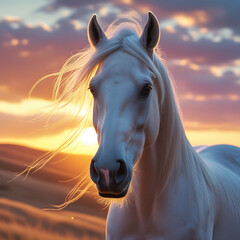 White horse at sunset.