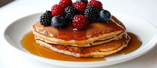 Delicious pancakes topped with berries and syrup, set against a clean white backdrop, captured in high-definition clarity.