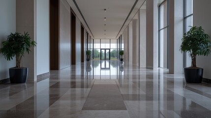 Fototapeta premium Bright spacious hall with polished marble floors and potted plants.