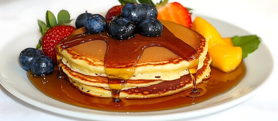 Delicious pancakes with syrup and fresh fruit, shown on a clean white backdrop, captured in vibrant high-definition quality.