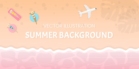 Fototapeta premium Summer season, summer advertising poster banner with background, water, sea, ocean, pink, coast, tropical leaves, sand, summer tropical beach, swimming rings, donut, doughnut, mattress, plane landing,