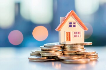 Small house on stacked coins with blurred colorful lights, representing home value, mortgage planning, and financial investment. Perfect for real estate and banking material