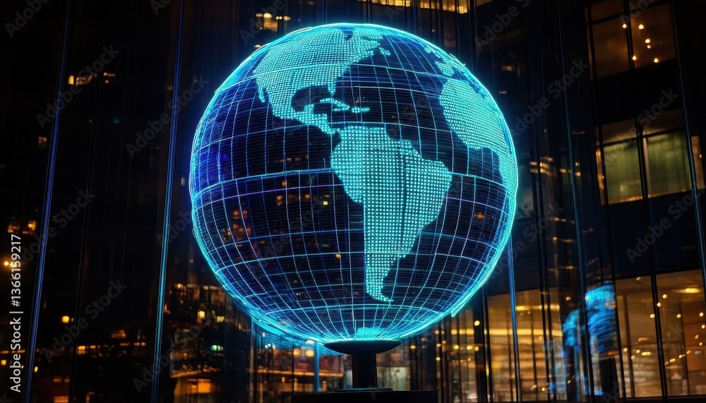 Poster glowing blue digital globe in urban night cityscape architecture modern building illuminated with fu