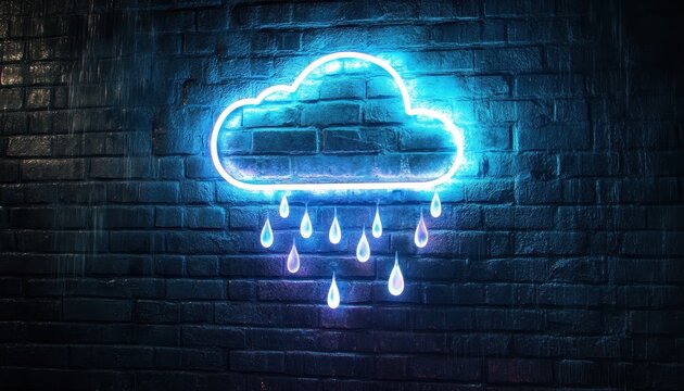 Glowing Blue Neon Cloud with Rain Drops on Dark Brick Wall Creates a Modern Urban Atmosphere with Artistic Illumination