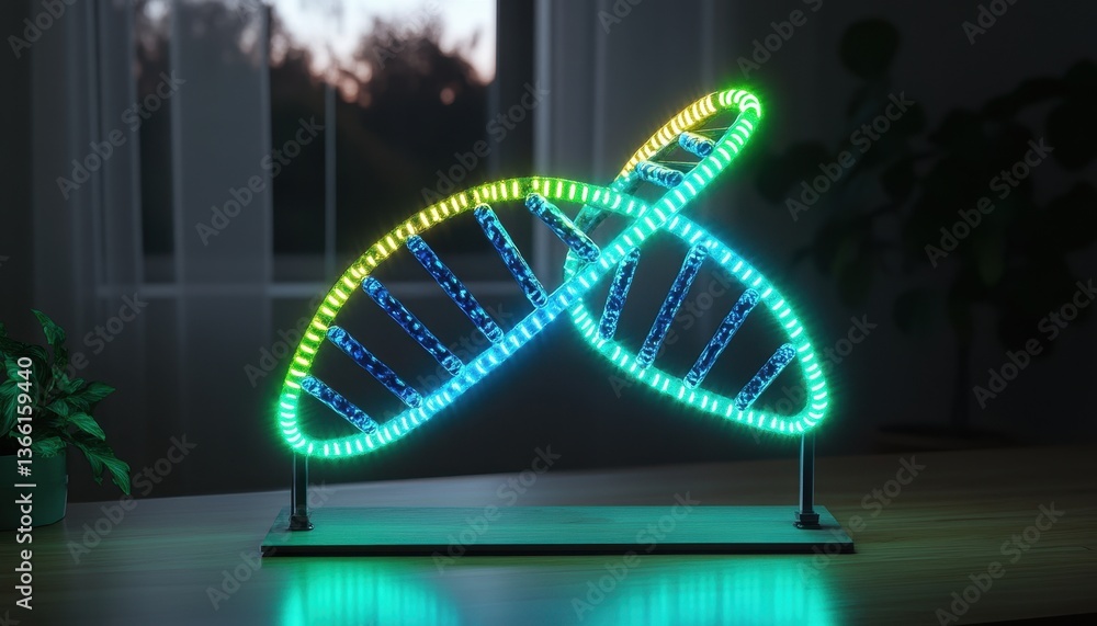 Poster glowing dna model with colorful light gradient in dim room with dark background featuring houseplant