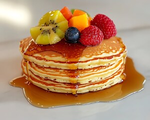 Delicious stack of pancakes with syrup and colorful fruit, isolated on a smooth white surface, in full ultra HD.