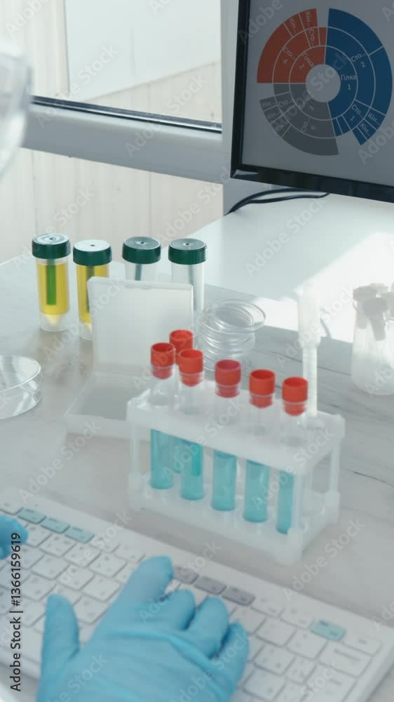 Poster in a lab, a scientist in a lab coat researches with colorful test tubes, highlighting advancements i