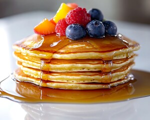 Delicious stack of pancakes with syrup and colorful fruit, isolated on a smooth white surface, in full ultra HD.