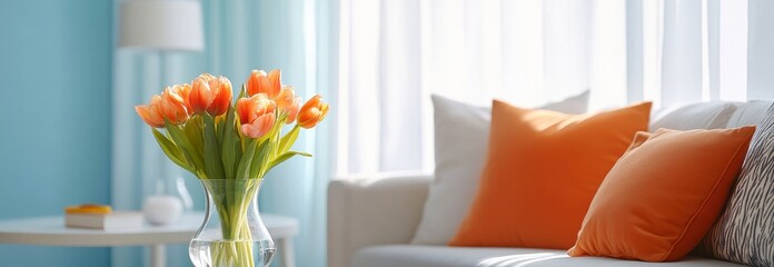 Peach Tulips in Glass Vase on White Table in Bright Living Room