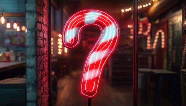 Glowing Neon Candy Cane Decoration in Shop Window with Red and White Stripes for Festive Holiday Atmosphere