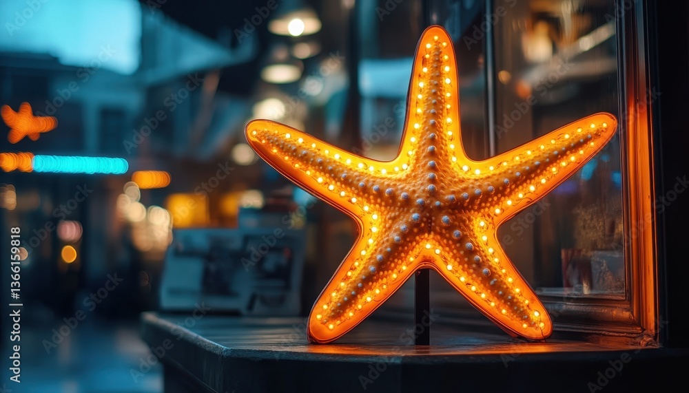 Aufkleber glowing orange starfish in urban night setting city window display with bokeh lighting decoration an