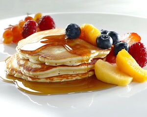 Delicious pancakes with syrup and assorted fruits, displayed on a pristine white surface, featuring high-definition detail.