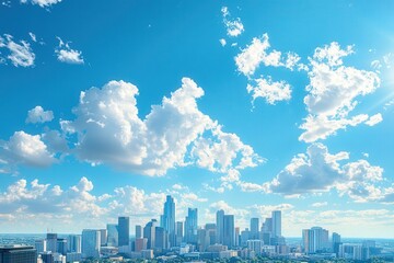 Fototapeta premium A vibrant city skyline under a vast, clear blue sky with scattered white clouds.