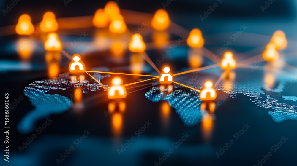 Poster Network connections illustrated on a global map representing digital communication and interaction between users