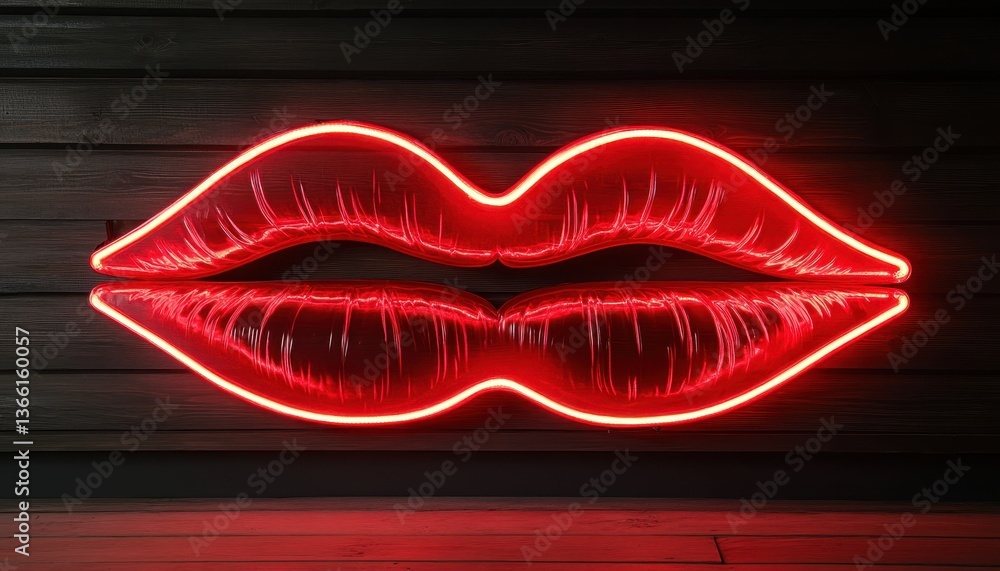 Poster glowing red neon lips sign on dark wooden background creates a romantic and sensual atmosphere with 