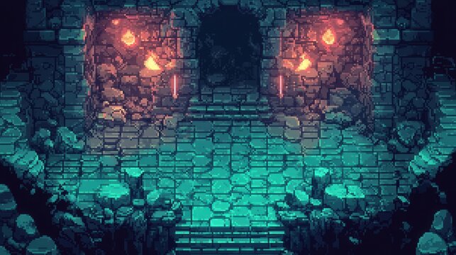 Fototapeta Pixel art dungeon entrance illuminated by glowing torches evoking mystery and adventure. Perfect for game development fantasy projects and retro themes