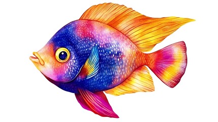 Delightful cartoon fish in watercolor style, isolated on white background, showcasing vivid hues and endearing expressions.