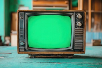 Vintage television set with a green screen in a retro interior setting.