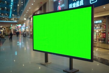 Large blank green billboard inside a modern shopping mall.