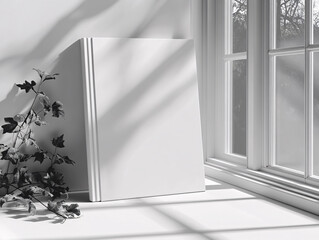 An open book lies on a windowsill, with the sun casting intricate shadows from nearby plants on the wall and the surface.
