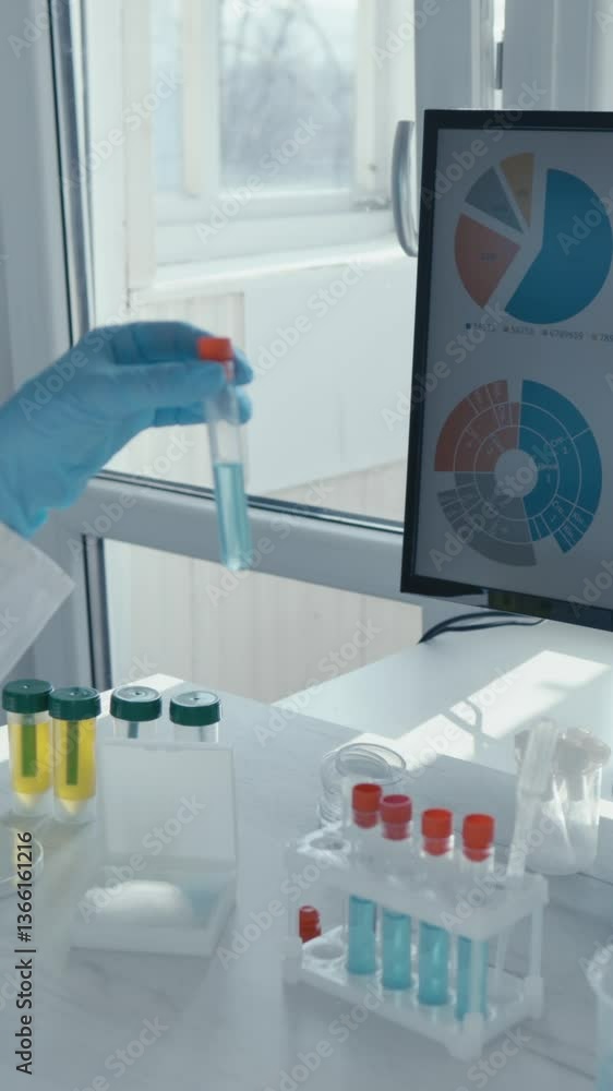 Aufkleber In a modern lab, a dedicated scientist in a lab coat and gloves holds a test tube, analyzing data on a nearby computer. Numerous test tubes with various samples are around for further experiments