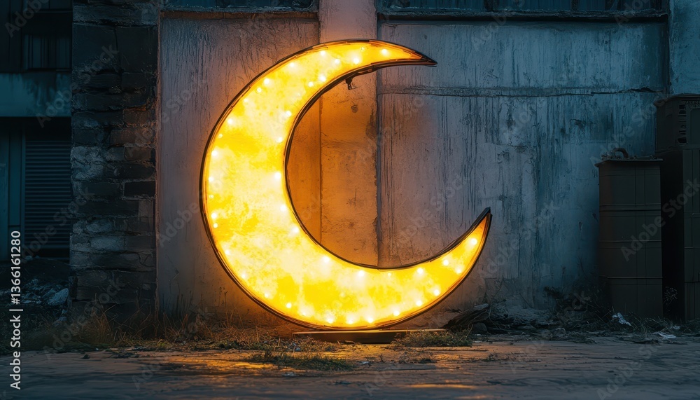 Poster illuminated crescent moon decoration against weathered concrete wall at night with shimmering light 