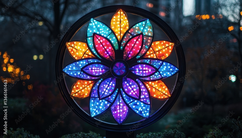 Aufkleber illuminated floral display with vibrant colors in outdoor park at twilight featuring decorative circ