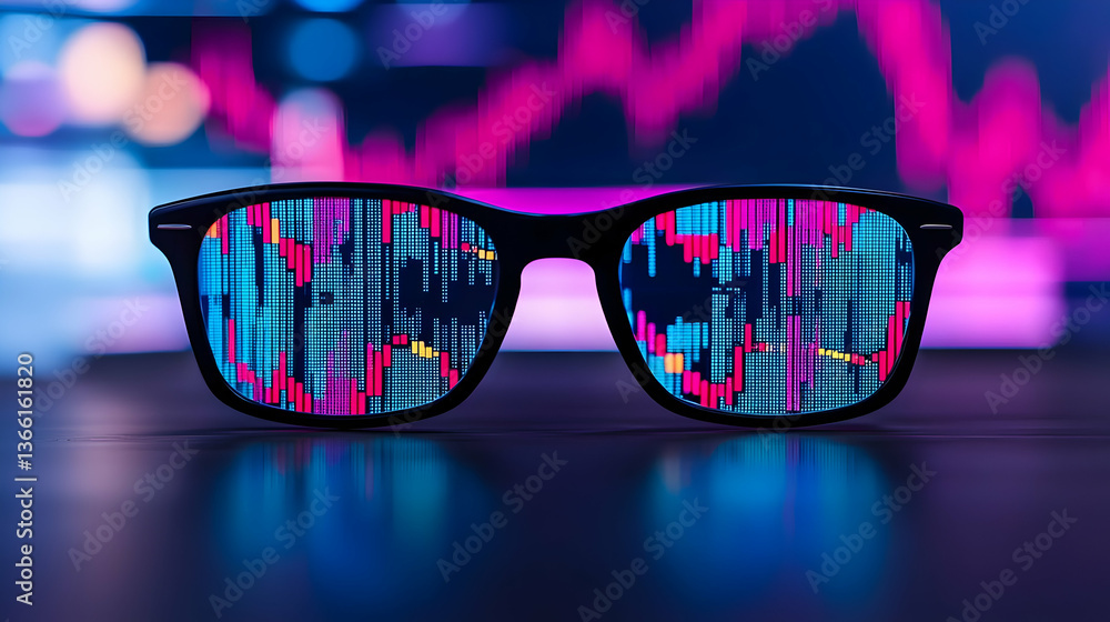 Poster glasses on desk with colorful data visualization background