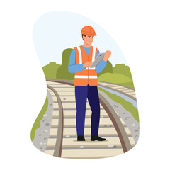 Vector illustration of a man inspecting railway tracks. Cartoon scene of a man in a safety helmet, vest,looking at a tablet,standing on a railway track,isolated on a white background.Railway engineer.