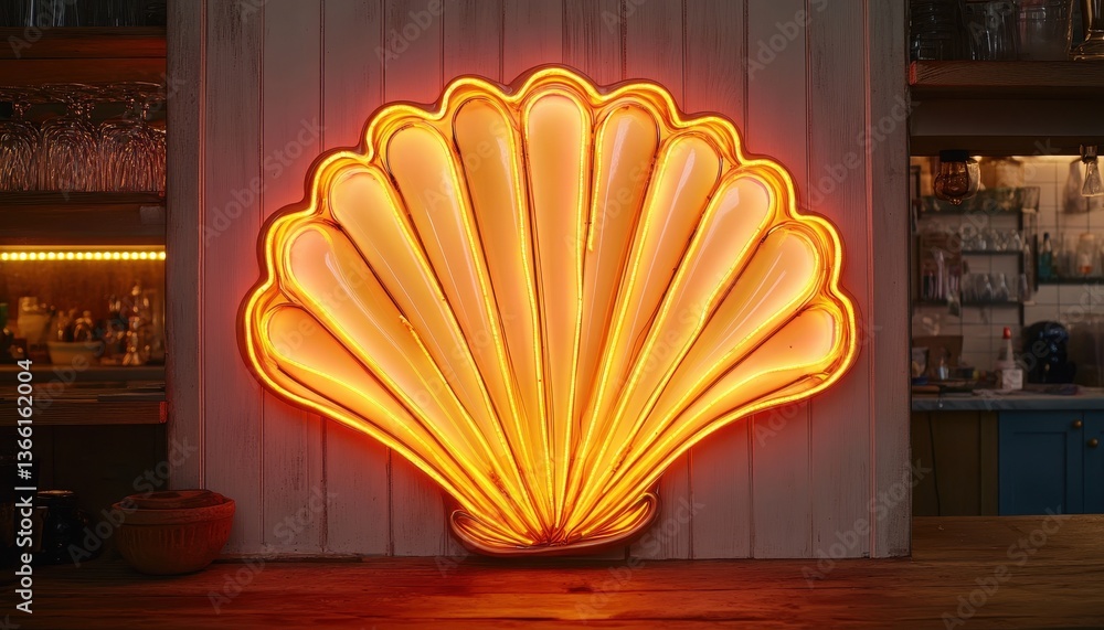 Poster illuminated neon seashell sign against rustic wooden wall in bar setting with warm lighting and coas