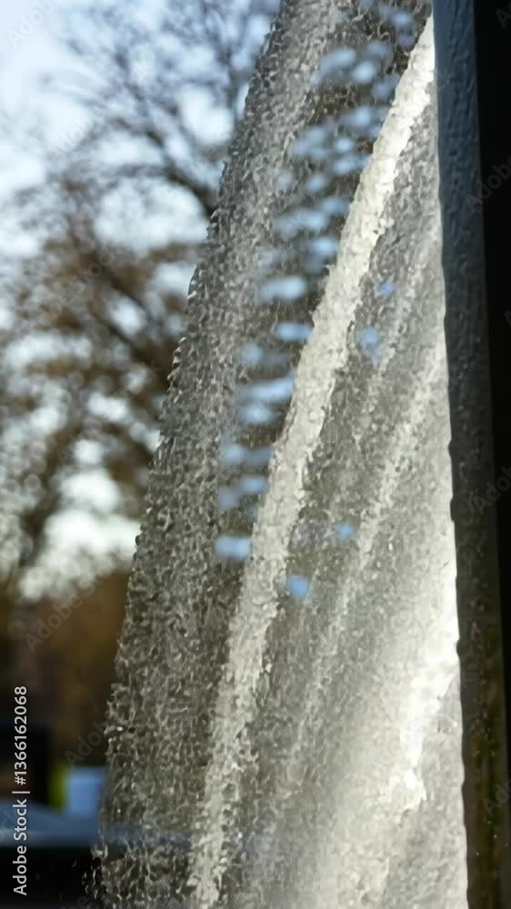 Poster water cascading down a smooth surface in a park at sunset with blurred trees in the background