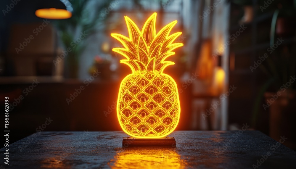 Poster illuminated pineapple decoration glowing with warm yellow light on dark textured surface indoors wit