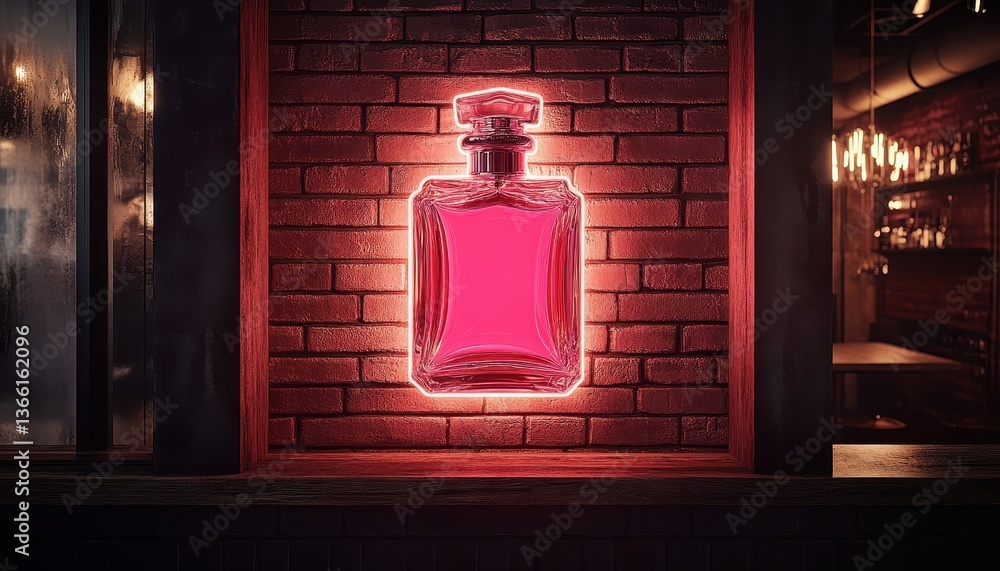 Poster illuminated perfume bottle neon sign displayed on brick wall at night with window reflection and bar