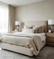 A cozy bedroom with a king-size bed featuring a linen duvet in soft neutral tones