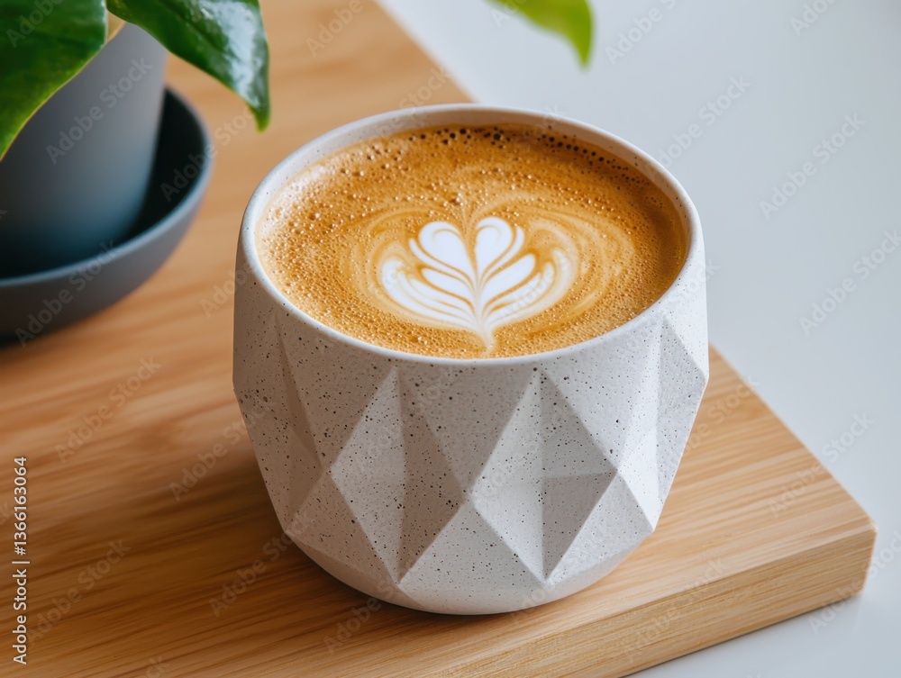 Poster Meticulously arranged geometric foam patterns in latte bright studio lighting topdown angle realistic presentation