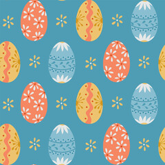 Seamless hand-drawn vector pattern with colorful decorated Easter eggs with floral and geometric designs on a blue background. Ideal for festive textiles, gift wrapping, and holiday-themed projects