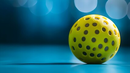 A close-up of a yellow plastic ball with holes, commonly used in racquet sports like pickleball or floorball. Concept Sports Equipment, Close-Up Photography, Pickleball Gear, Vibrant Colors