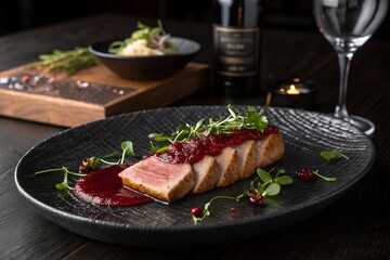 Seared Tuna Gourmet Plate - Elegant Fine Dining with Berry Sauce
