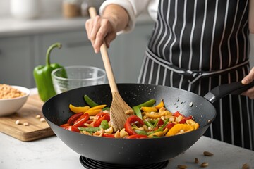 Stir Fry Cooking in Wok - Fresh Vegetables and Asian Cuisine