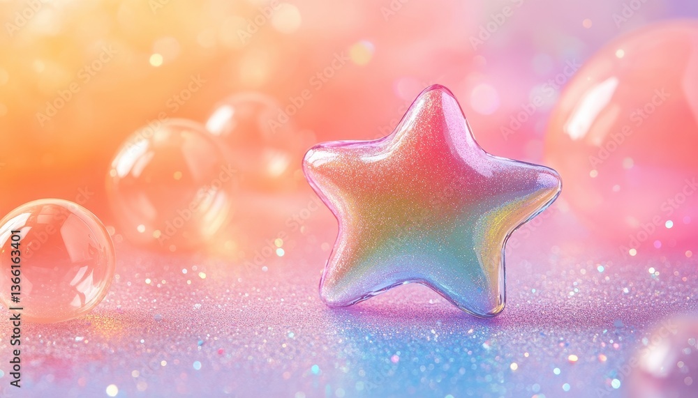 Poster iridescent star surrounded by glass spheres on a glittering surface with bokeh light effects in a dr