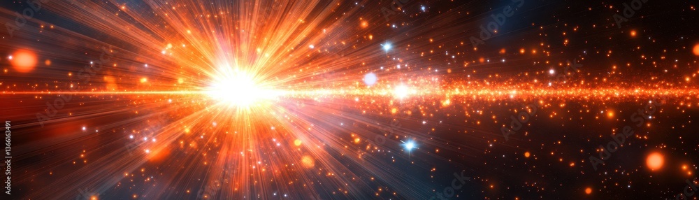 Poster Luminous Burst of Energy Abstract Space Background with Dazzling Light Streaks and Glittering Particles Radiating from a Central Point in a Cosmic Display of Stars and Nebula