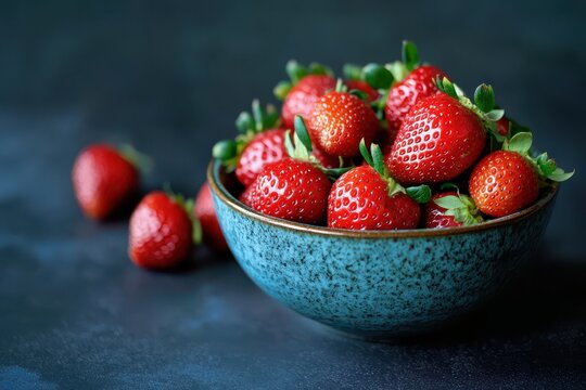 A ceramic bowl filled with fresh strawberries on a dark background, food photography