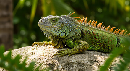 Obraz premium High-Resolution Iguana Sunbathing with Scales of Colorful Dots Texture for Backgrounds