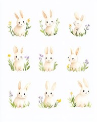 Watercolor style of Cute Hand-Drawn Bunny Illustrations with Floral Accents and Details