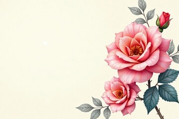Delicate watercolor rose blooms on a cream background, pastel, cream