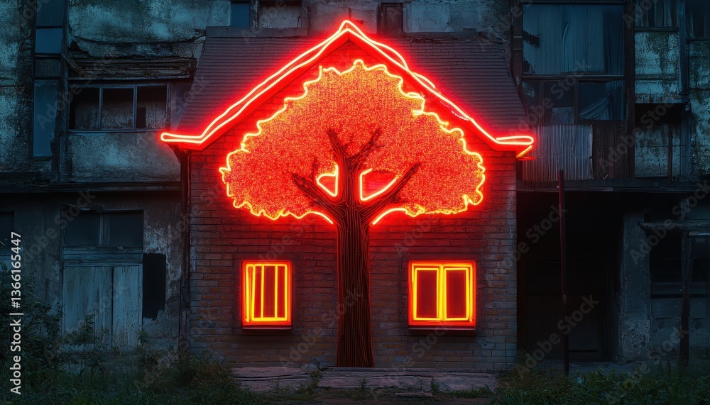 Aufkleber Neon Tree on Building Facade at Night Featuring a Red Glowing Tree and Geometric House Shape on an Abandoned Urban Structure with Windows in Dark Setting